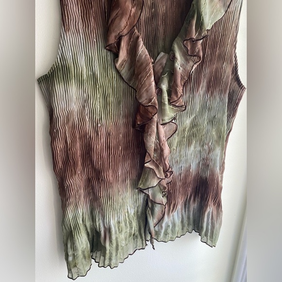 Serenade Y2K Earthy Brown & Green Ruffled Blouse Women's Crinkle Top Sz Large - Picture 4 of 6